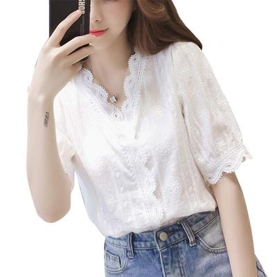 2019 Летние Вышитые Топы Хлопковая Блузка Вышитая Рубашка Воротник с Фестонами Короткий Рукав Кружево Элегантный Милый Цветочный Узор Тонкий Свободный Крой