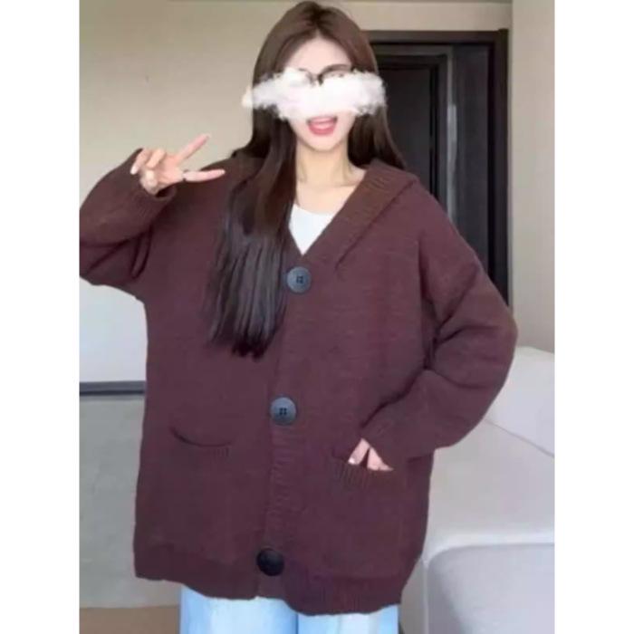 2024 High-End College-Style Hooded Pocket Cardigan: Autumn/Winter Loose Knit Sweater Coat