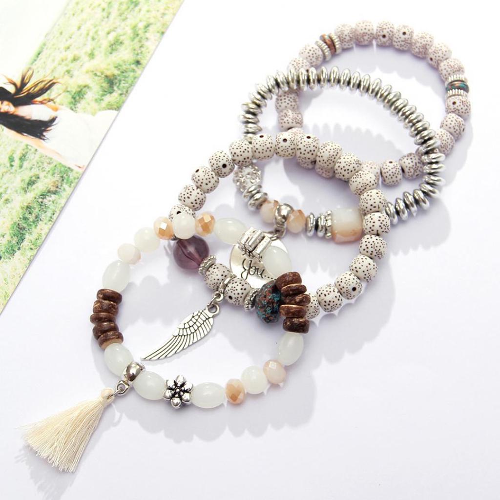 4Pcs/Set Bohemia Style Wing Beads Bracelet Women Bangle Jewelry Party Gift