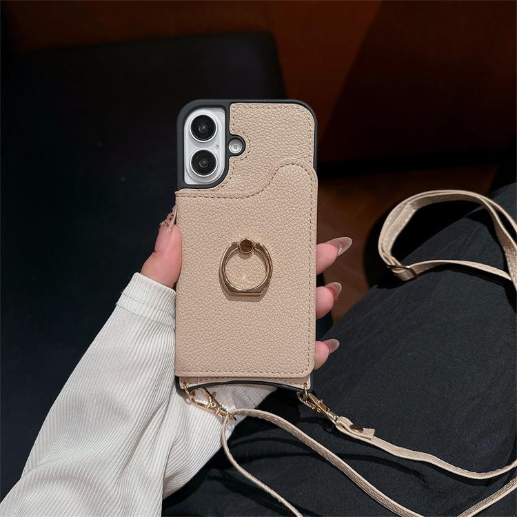 Подходит для iphone16promax через плечо личи узор 12pro кольцо рыбий хвост ремешок функция карты защитный чехол