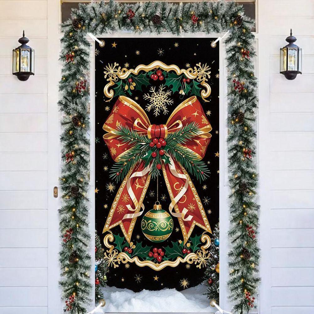 Rectangular Christmas Door Cover Perforated Strap Fastening Xmas Door Curtain Decoration Outdoor