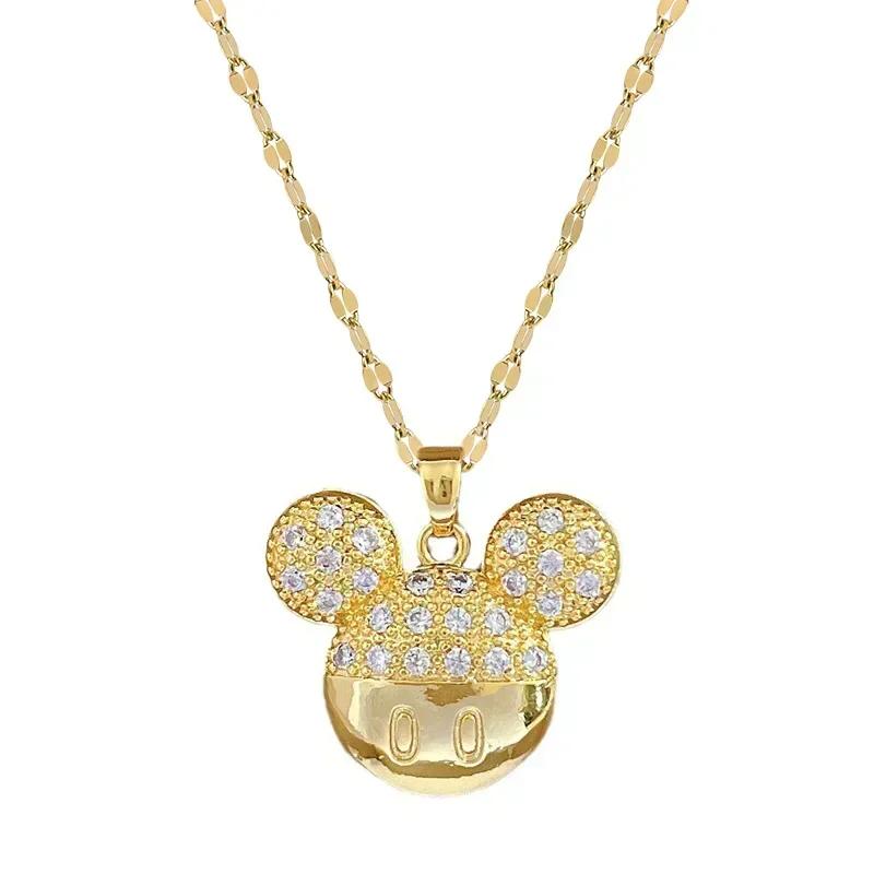 Cartoon Mickey Minnie Mouse Studded with Zircon Necklace for Women Girl Stainless Steel Chain Sweet Gift for Friends Fans KTJ