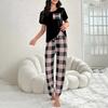 Женский комплект из 2 предметов: топ и брюки, летняя пижама, клетчатые брюки, круглый вырез, короткий рукав, футболка, домашняя одежда, повседневная одежда