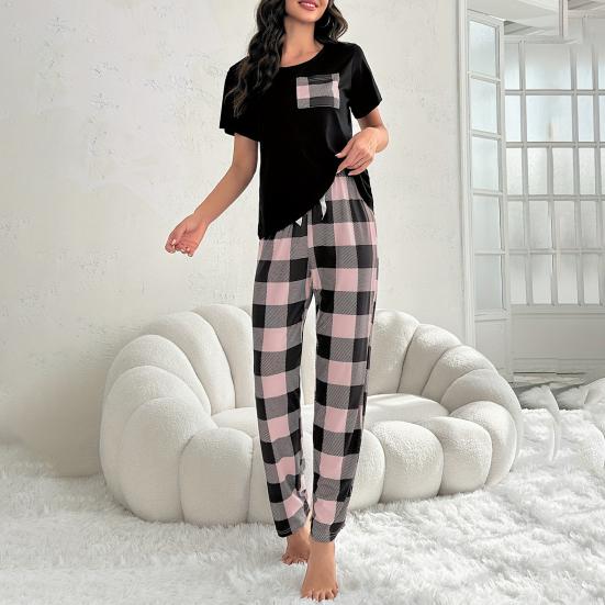 Женский комплект из 2 предметов: топ и брюки, летняя пижама, клетчатые брюки, круглый вырез, короткий рукав, футболка, домашняя одежда, повседневная одежда