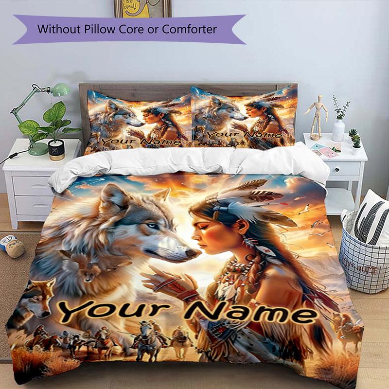 3pcs Custom Name Wolf Spirit Journey Bedding Set Printed Bedding Set Duvet Cover Closure Includes 1 Duvet Cover & 2 Pillowcases Bedroom Decor