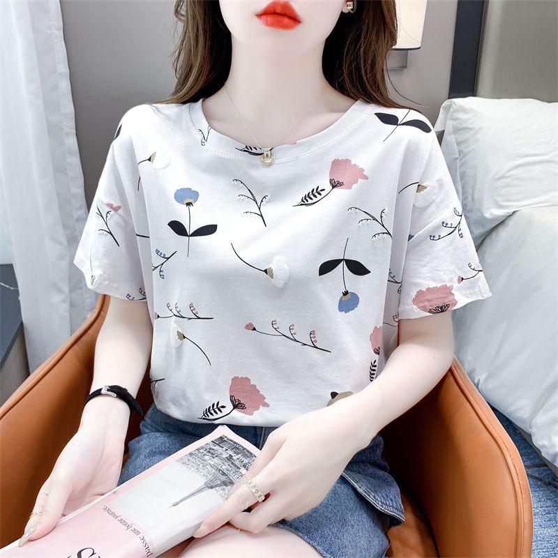 Женские футболки с коротким рукавом и цветочным принтом: Свободный крой, свежие летние дизайнерские топы