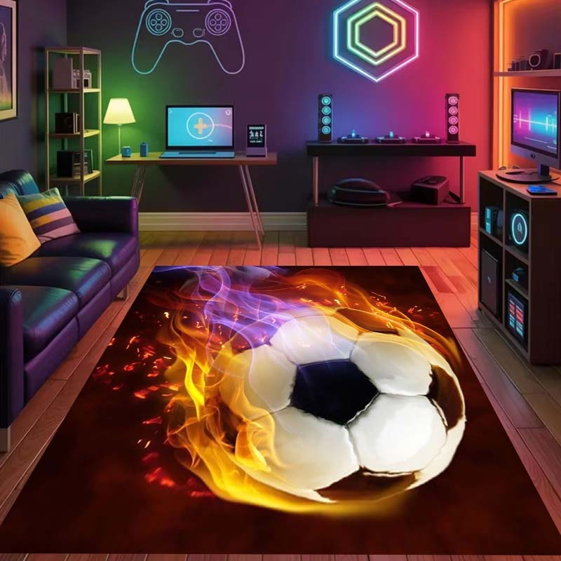Flame-lit 3D soccer ball rug, gaming room mat for boys' bedrooms, cool and unique non-slip mat for bedside use.