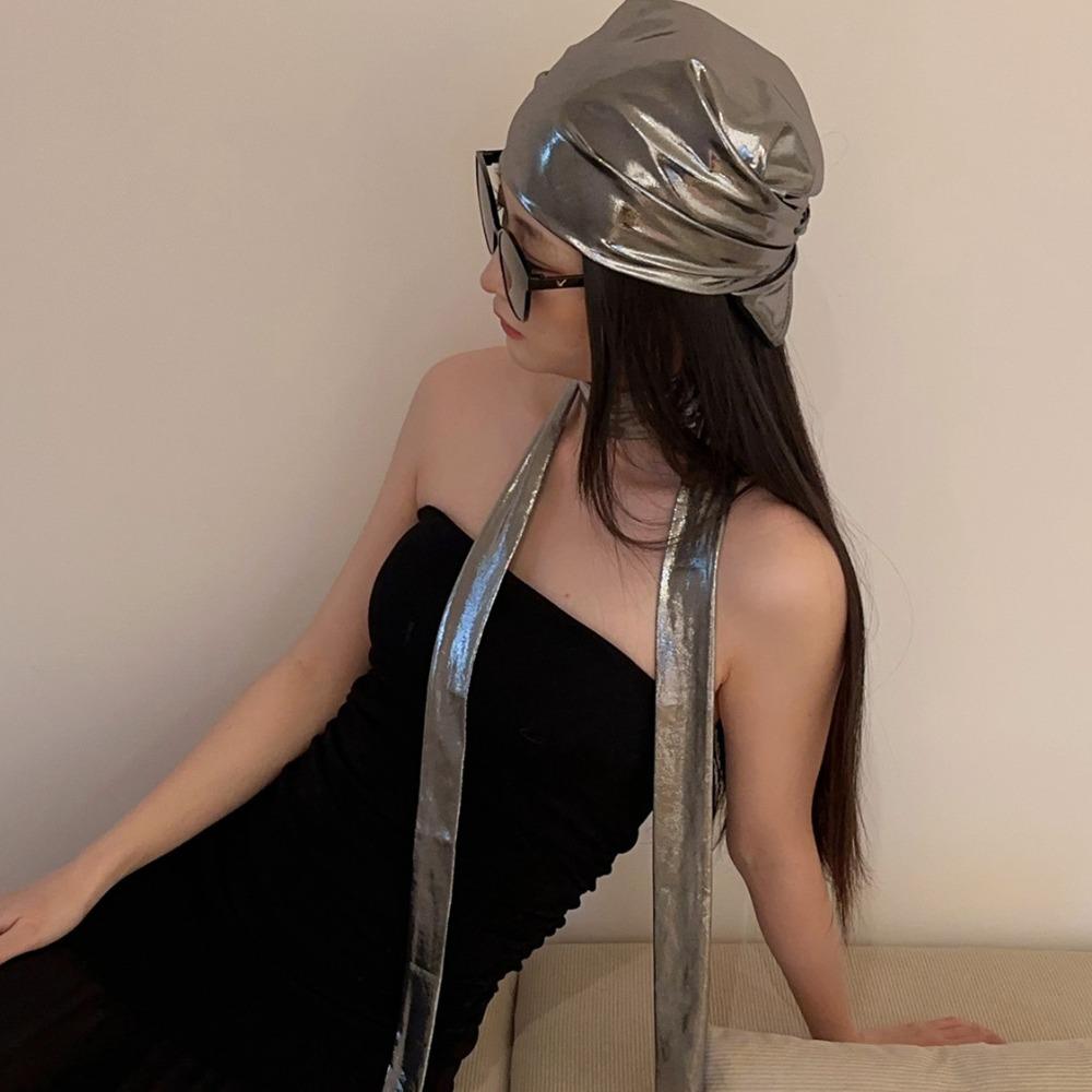 Y2K Liquid Silver Hair Scarf Soft Wrap Punk Bandana Turban Accessories Laser Color Hair Band Girls