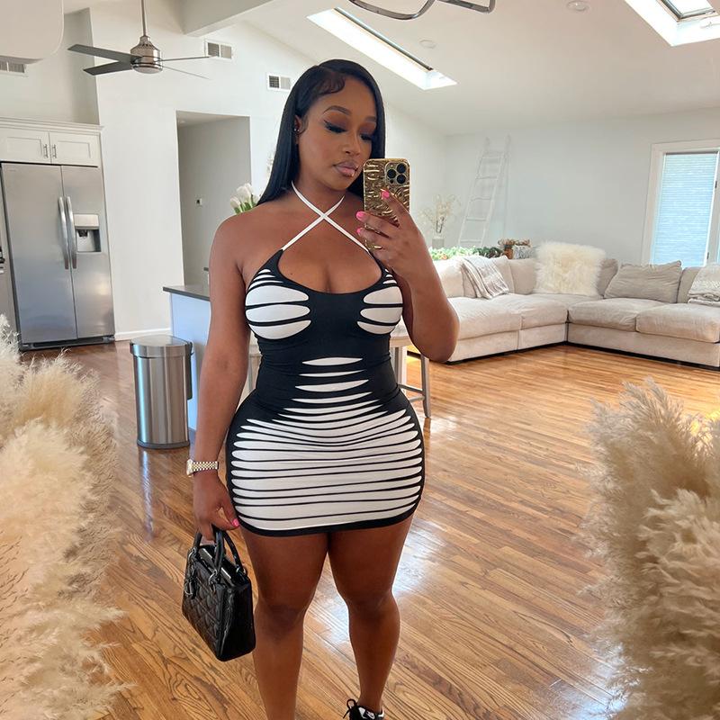 Women's Fashion Sexy Spice Summer Halter Temperament Colorful Printed Lace-up Wrap Hip Dress