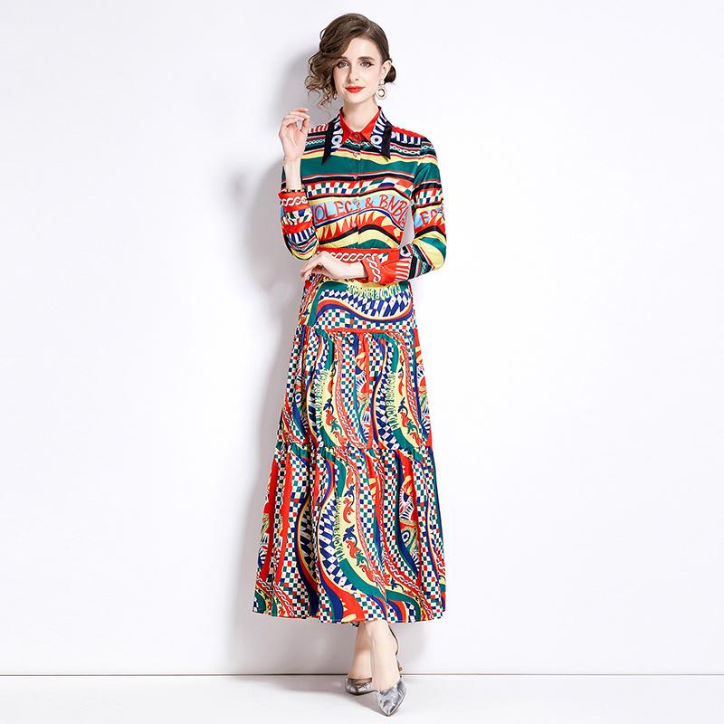 Spring Autumn Women European Designer Print Runway Outfits Full Sleeve Lapel Shirt Tops and Long Maxi Skirt Two Piece Set