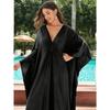 Women's Boho Style Cover Up, Plus Size Solid Color V Neck Batwing Sleeves Woven Design Loose Fit Beach Kaftan Dress