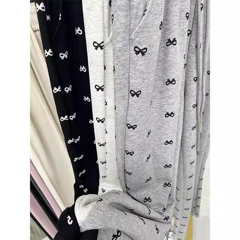 Брюки с высокой талией и широкими штанинами в корейском стиле с принтом бантиков для женщин - Миниатюрные и стройнящие, на начало осени