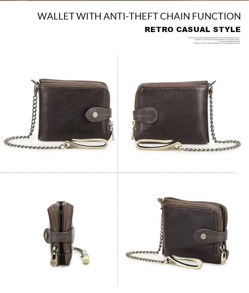 Black Angel RFID Anti-Theft Men's Wallet with Cowhide, Chain, Zipper, and Fashion Buckle