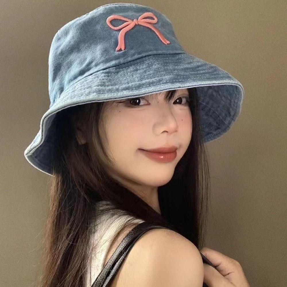 Korean Bow Embroidery Hat Sweet Washed Denim Hat Trendy Bowknot Bucket Hat for Girls