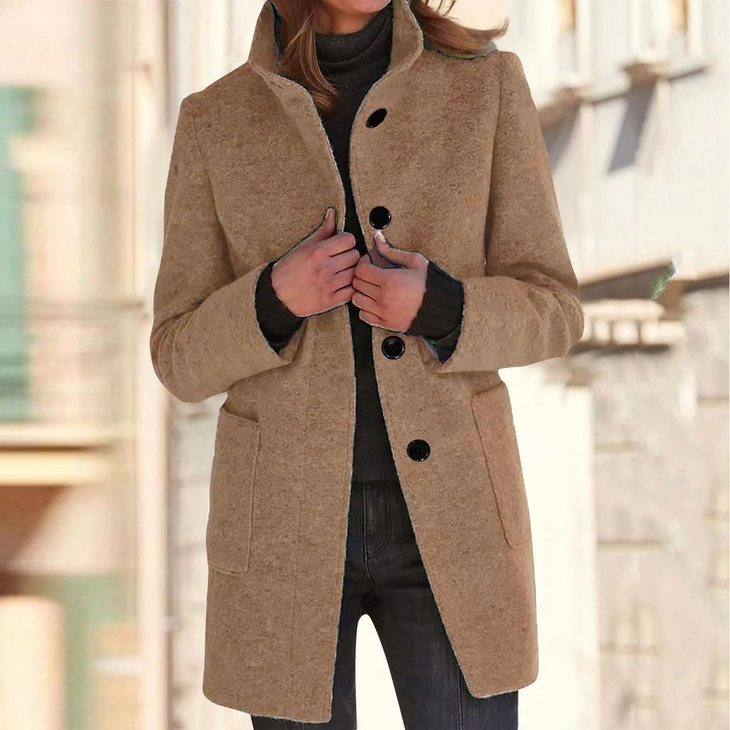 Women's Casual Coat Solid Color Long Sleeved Button Up Collar Pocket Woolen Jacket