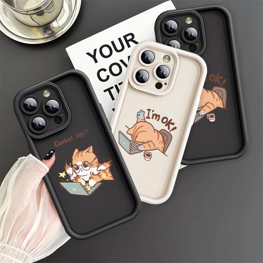 Чехол для телефона для iPhone 11 13 14 16e 12 16 Pro Max 15 Plus Мягкий чехол 15Pro 14+ 13Pro 16+ Забавный мультяшный Рабочий кот