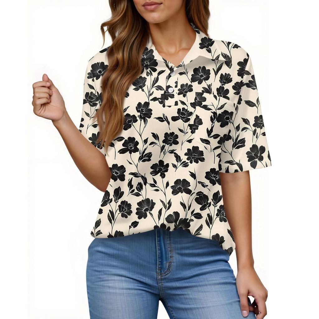 Women's Fashion Casual Button Pocket Shirt Short Sleeve Print Lapel Top