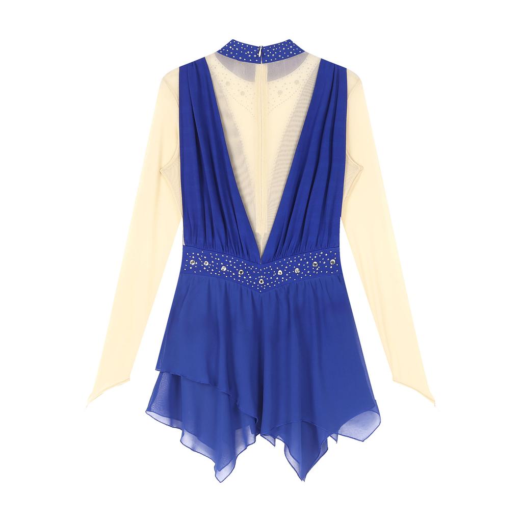 Шифоновое платье с длинными рукавами для фигурного катания, костюм для выступлений с воротником-стойкой, тюлевая юбка, купальник, современная танцевальная одежда