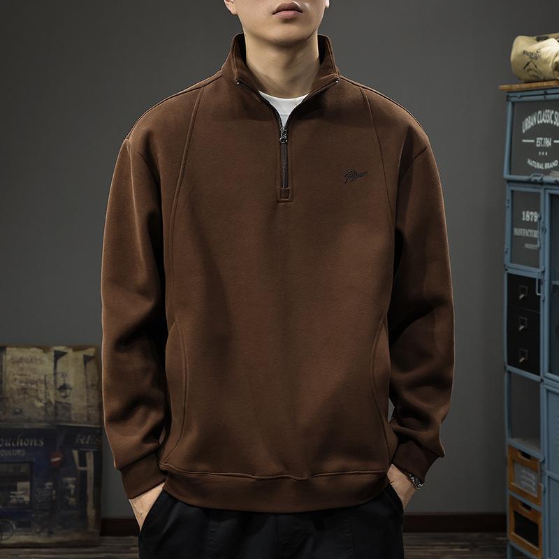 Autumn Winter Brushed Embroidered Men's Sweatshirt American Retro Half Zipper Stand Collar POLO Shirt Loose Pullover