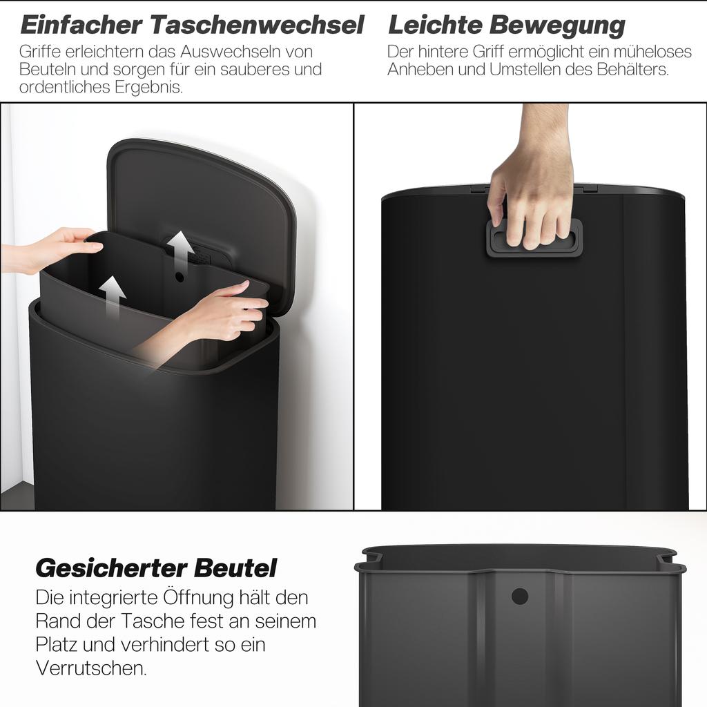Trash Can Kitchen 50 Liter Pedal Bin with Stay-Open Function, Soft-Close Lid, Pedal, Black