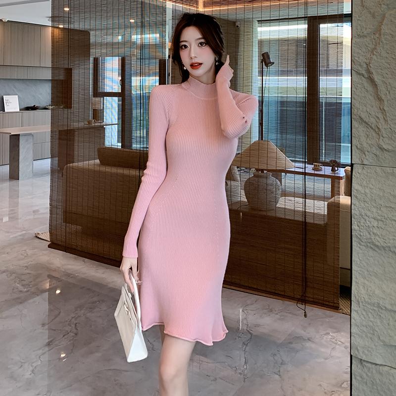 Осенне-зимнее облегающее трикотажное женское платье с длинным рукавом, А-силуэт, оборки, свитер, платья для женщин, повседневное, с высокой талией, элегантное, короткое платье 25958