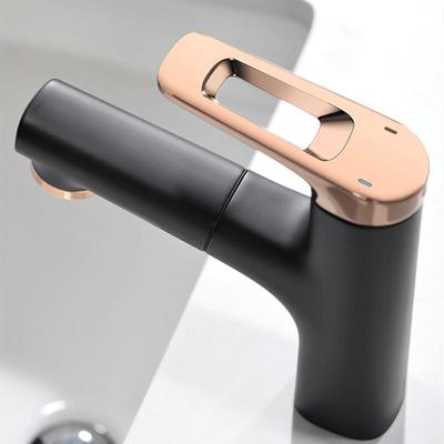 Выдвижной смеситель для раковины с одной ручкой (черный и розовое золото)