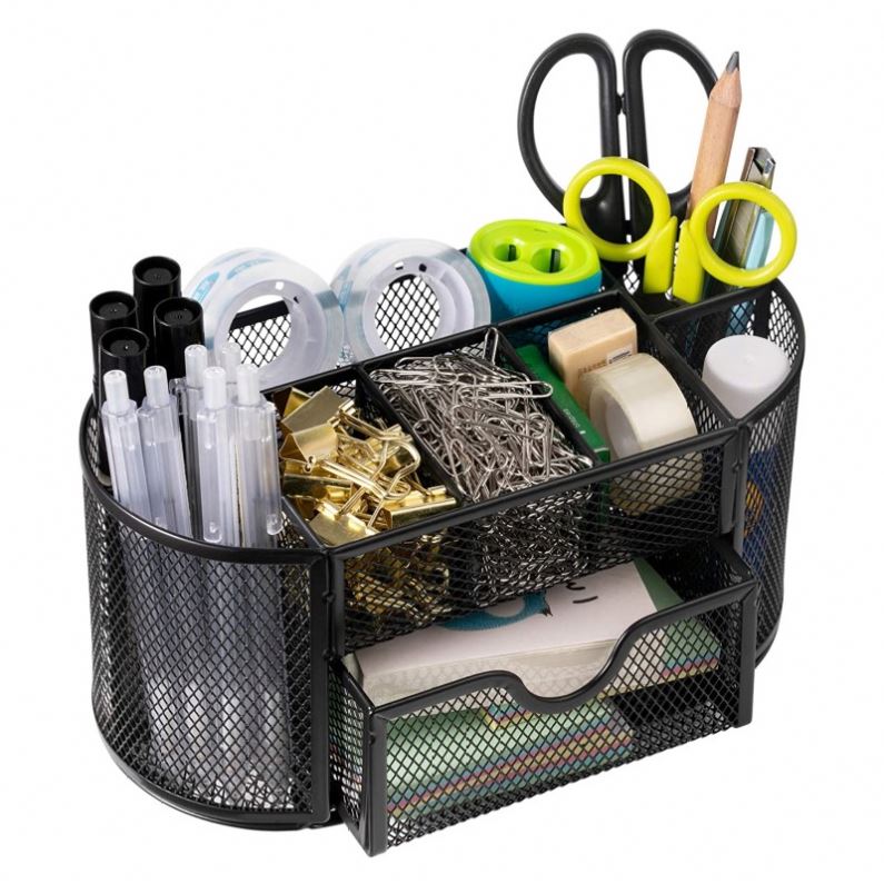 Metal Desk Organizers Office Supplies Pencil Holder Sliding Drawer Mesh Desktop Organizer with 6 Compartments