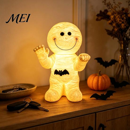 Halloween Atmosphere Decor Resin Mummy Light, Smiling Statue with Unique Home Accents Bat Decor, Cartoon Figurine Light for Desktop Ornament
