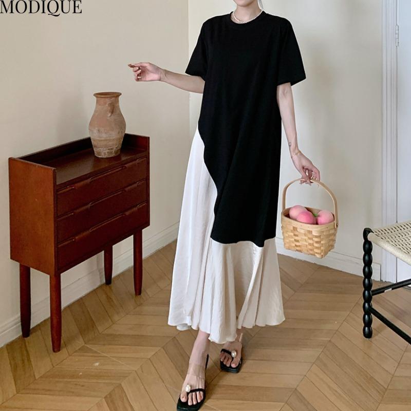 MODIQUE Летние платья больших размеров для женщин, свободные, элегантные, в тон, шелковые, пэчворк, длинные платья, женские, повседневные, с коротким рукавом и круглым вырезом