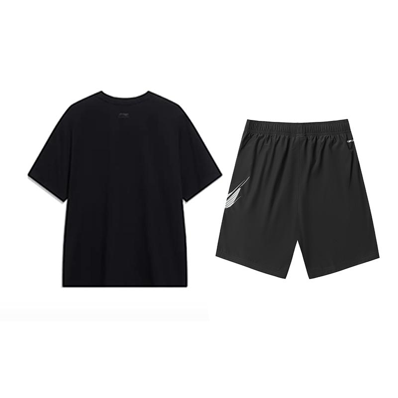 Li-Ning Шорты с принтом логотипа, короткий рукав, простые, удобные, универсальные, модный дизайн, повседневный спортивный костюм, унисекс, черный AHSU803-2+YKSV151-1