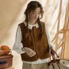 Round Neck Button-up Short Coats Brown Waistcoat Women Simple Vintage Corduroy Vests Female