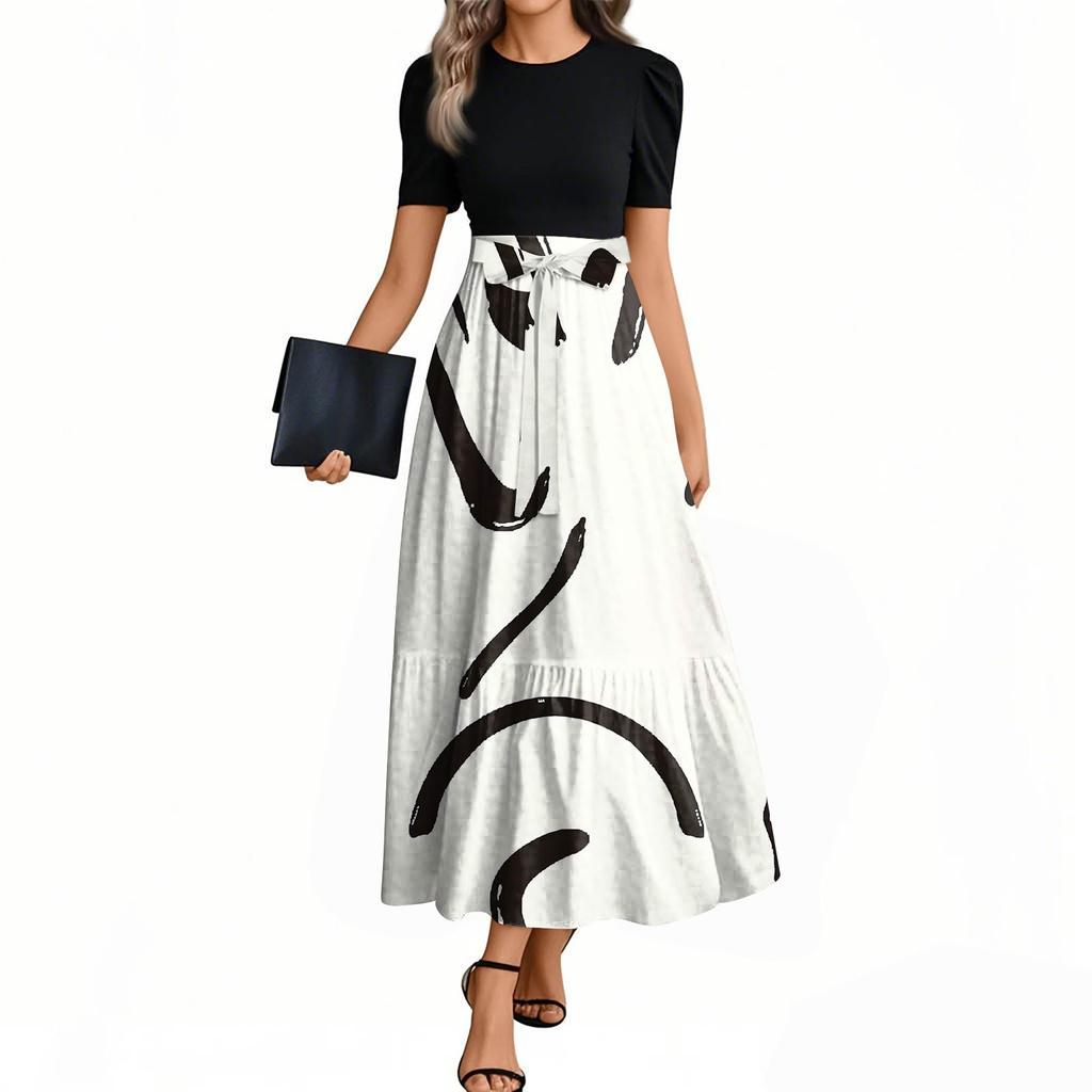 Женские модные повседневные платья с поясом, короткими рукавами и круглым вырезом, с принтом, элегантные, темпераментные