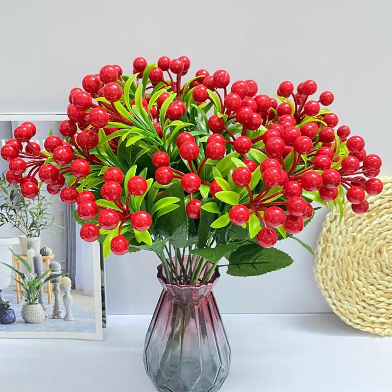 1 Пучок Домашний Декор Реалистичные Искусственные Фрукты 12-головый с Листьями Сделай Сам Пенопластовые Фрукты Ветка с Красными Ягодами Настольные Акценты