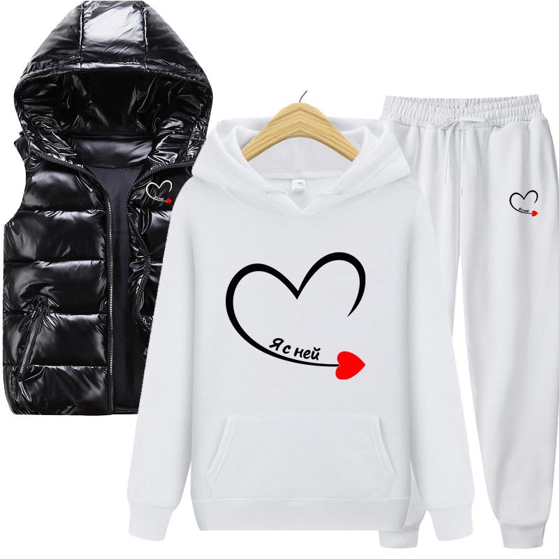 Горячая весна и осень, однотонная толстовка с принтом, комплект из 3 предметов: толстовка для пары + жилет + брюки, спортивная одежда
