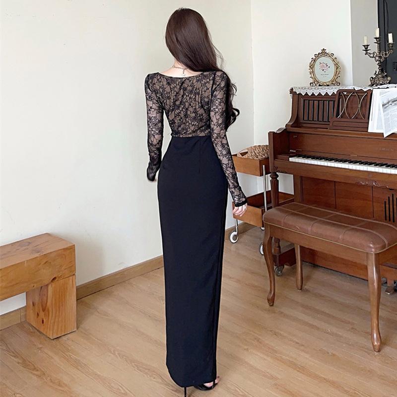 Женское французское винтажное кружевное платье с высокой талией и разрезом