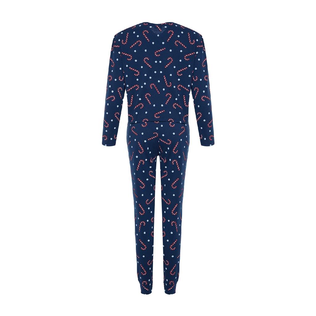 Темно-синий вязаный пижамный комплект с новогодним принтом Thmaw21pt0771