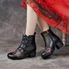 Johnature Ethnic Style Winter Warm Short Boots Genuine Leather Thick Heel Soft Sole Retro Printed Women's Shoes