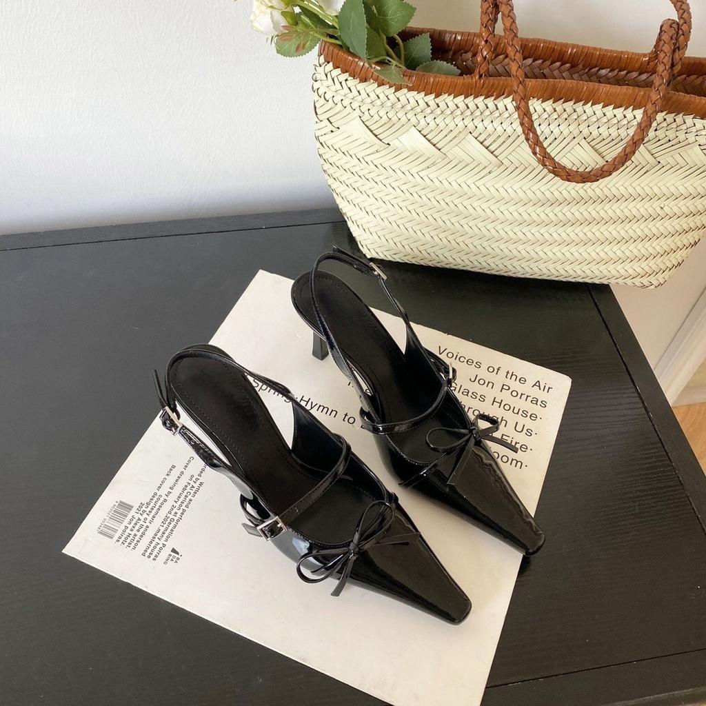 2025 весна французские сандалии с заостренным носком бант сумка на голову женские тонкие каблуки неглубокий носок высокие каблуки одно слово с темпераментом одиночные туфли