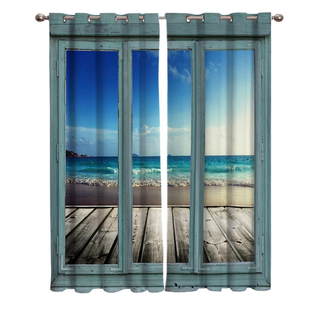 Windows Sea Beach Blue Sky White Clouds Luxury Home Curtains Modern Home Supplies Living Room Bedroom Custom Curtains