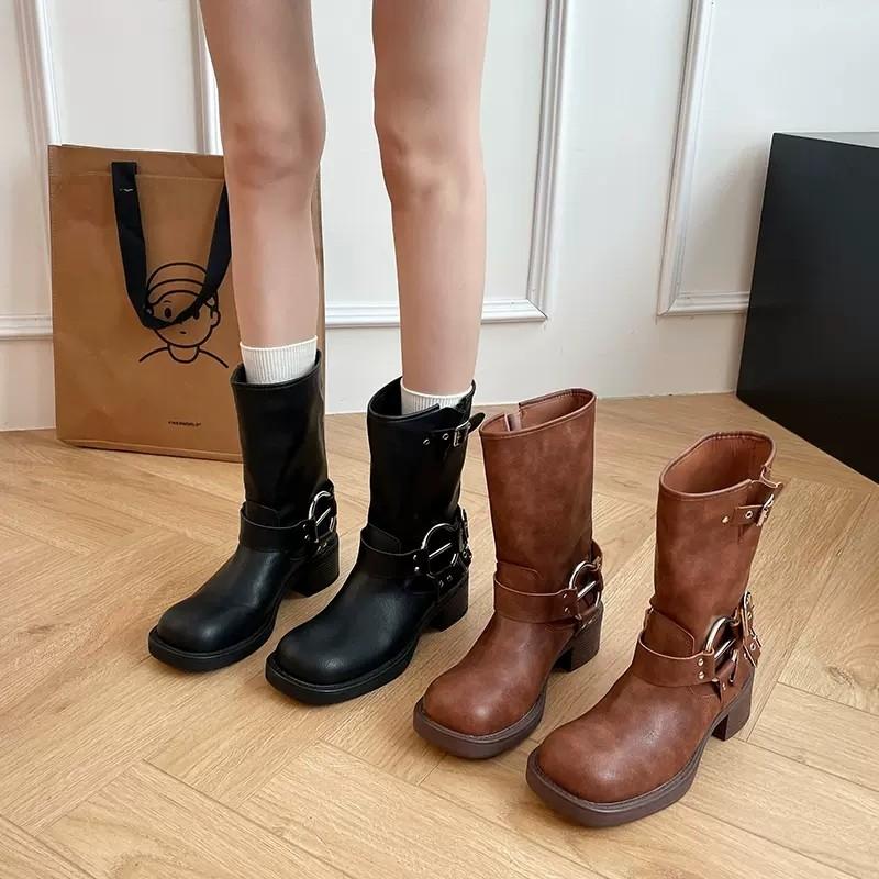 Модные британские ретро-сапоги до середины голени с круглым носком и толстой платформой, женские сапоги, зимние новые модные сапоги в стиле вестерн больших размеров