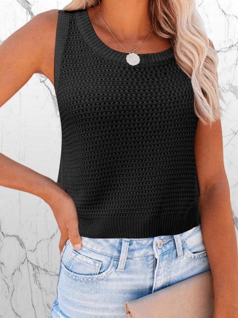 Women's Sleeveless Crochet Knit Tank Top Crew Neck Hollow Out Casual Summer Pullover