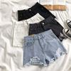 Summer Women Denim Shorts High Waist A-line Solid Color Ripped Button Zipper Closure Retro Pockets Slim