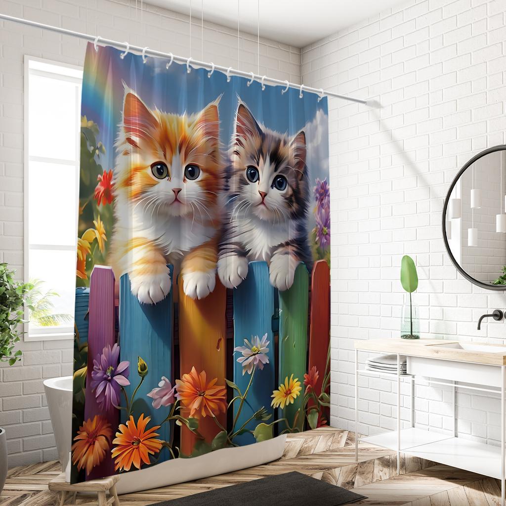 1PC Spring Day, Cat Pattern Printed Shower Curtain, Waterproof, with 12 Hooks, for Bathroom Showers, Bathtub, Home Use
