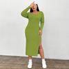 Casual Long Sleeve Dresses for Female Solid Color Side Split Dress Women's Square Neck Ribbed Knit Dress High Waist Dress Commuter Fashion Dress