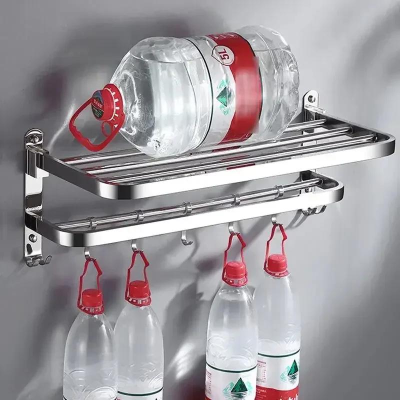 1 шт. Вешалка для полотенец из нержавеющей стали, складная, без сверления, полка для банных полотенец с крючками, держатель для хранения принадлежностей для дома, кухни, ванной комнаты