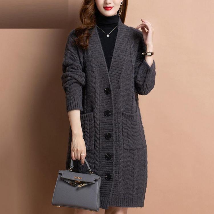 Women Loose Large Size Mid Length Sweater Cardigan Autumn Winter Knitwear Jacket Outer Wear
