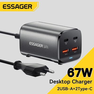 Essager Зарядное устройство USB C GaN 67 Вт, настольное зарядное устройство, быстрая зарядка 4,0 QC 3,0 PD Type C, быстрая зарядка для ноутбука MacBook Samsung POPC iPhone 15