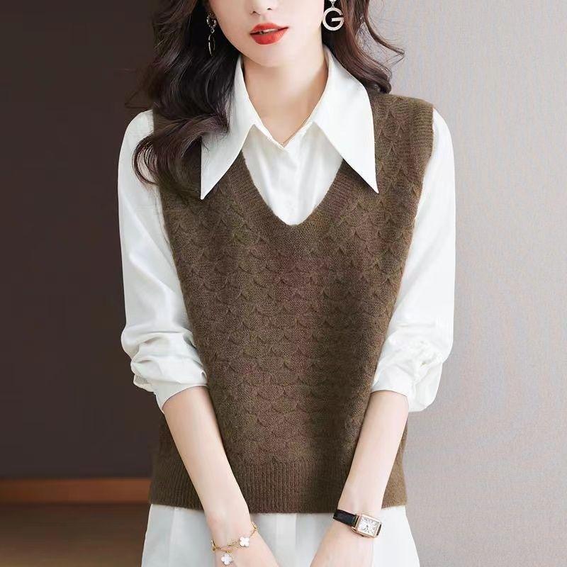Женский свитер-жилет свободного кроя, повседневный вязаный жилет, свитер с круглым вырезом, женские топы-жилеты