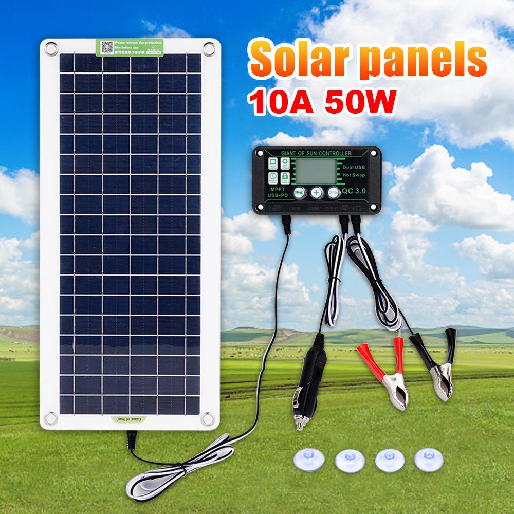 50W Solar Panel Kit 12V USB Charging Solar Cell Board Controller Portable Waterproof Solar Car Lighter For Phone RV Car Charge