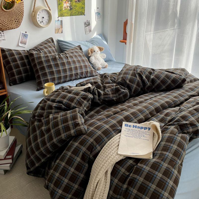 Bedding Set Ins Ambiance Blue Coffee Grid Mixed With Washed Cotton Minimalist Four Piece Set Fitted Sheets Duvet Cover